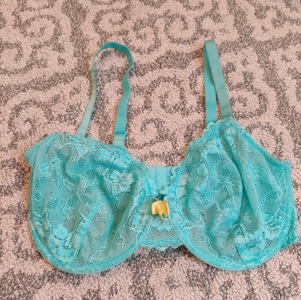APT. 9 Women's Blue/Teal & Yellow Ribbon Luxe Lace Unlined Adjustable Bra 38DD